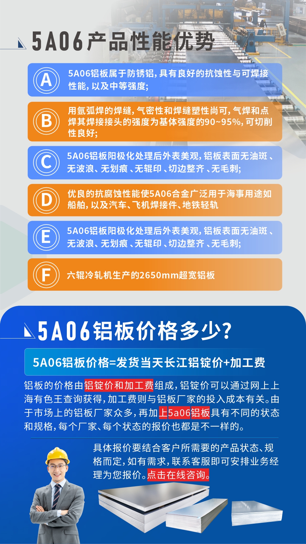 產(chǎn)品性能優(yōu)勢(shì)   

1、5A06鋁板屬于防銹鋁，具有良好的抗蝕性與可焊接性能，以及中等強(qiáng)度;

2、用氬弧焊的焊縫，氣密性和焊縫塑性尚可，氣焊和點(diǎn)焊其焊接接頭的強(qiáng)度為基體強(qiáng)度的90~95%，可切削性良好;

3、5A06鋁板陽(yáng)極化處理后外表美觀，鋁板表面無(wú)油斑 、無(wú)波浪、 無(wú)劃痕 、無(wú)輥印 、切邊整齊 、無(wú)毛刺;

4、優(yōu)良的抗腐蝕性能使5A06合金廣泛用于海事用途如船舶，以及汽車(chē)、飛機(jī)焊接件、地鐵輕軌;

5、六輥冷軋機(jī)生產(chǎn)的2650mm超寬鋁板;