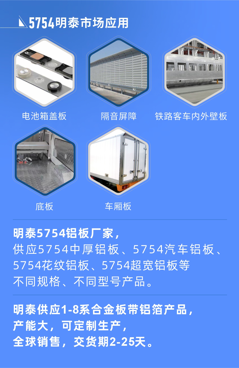 明泰5754鋁板優(yōu)勢(shì)

　　1、可焊接性能強(qiáng)，焊接裂縫的傾向低，焊縫和基體金屬的強(qiáng)度高。

　　2、表面的氧化物較少，軋制板材的表面質(zhì)量好，光滑無(wú)裂紋，無(wú)腐蝕斑點(diǎn)和硝鹽痕跡。

　　3、5754鋁板屬于中高強(qiáng)度的鋁合金，疲勞性能和耐腐蝕性能好。

　　4、可根據(jù)客戶需求定制不同厚度、不同版型的5754鋁板產(chǎn)品。

　　5754鋁板生產(chǎn)以及包裝要求
　　1、表面不允許有裂紋、腐蝕斑點(diǎn)和硝鹽痕跡。

　　2、表面上允許有深度不超過缺陷所在部位壁厚公稱尺寸8%的起皮、氣泡、表面粗超和局部機(jī)械損傷，但缺陷深度不能超過0.5mm,缺陷總面積不超過板材總面積的5%。

　　3、允許供貨方沿型材縱向打光至表面光滑。

　　4、其他要求：有需求方和供貨方自己擬定。

