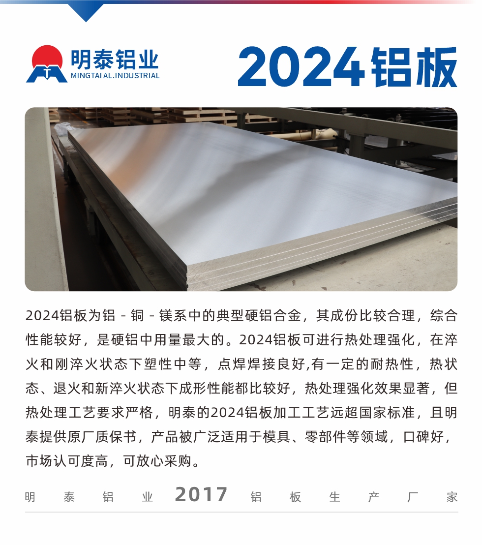 2024鋁板為鋁－銅－鎂系中的典型硬鋁合金，其成份比較合理，綜合性能較好，是硬鋁中用量最大的。2024鋁板可進(jìn)行熱處理強(qiáng)化，在淬火和剛淬火狀態(tài)下塑性中等，點(diǎn)焊焊接良好,有一定的耐熱性，熱狀態(tài)、退火和新淬火狀態(tài)下成形性能都比較好，熱處理強(qiáng)化效果顯著，但熱處理工藝要求嚴(yán)格，明泰的2024鋁板加工工藝遠(yuǎn)超國家標(biāo)準(zhǔn)，且明泰提供原廠質(zhì)保書，產(chǎn)品被廣泛適用于模具、零部件等領(lǐng)域，口碑好，市場認(rèn)可度高，可放心采購。
